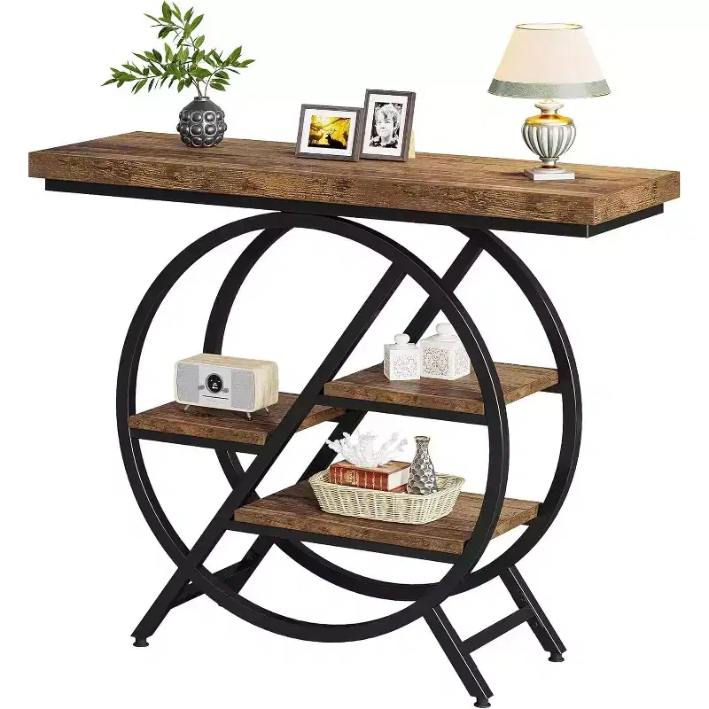 Brown 4-Tier Console Table with Geometric Metal Frame, Single