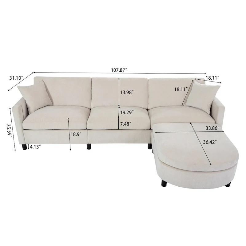 Beige 107.87 Spacious 4-Seater Sofa with Movable Ottoman