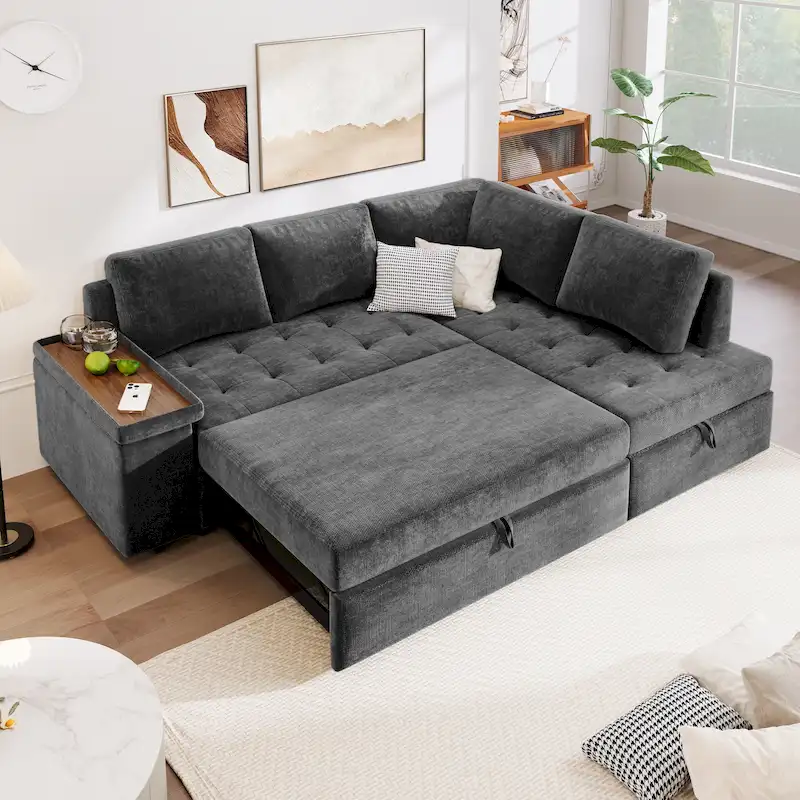 91.5 L-Shaped 4 Seater Sectional Sofa Couch with Pull-Out Bed, Hidden Storage and Functional Armrests, for Living Room