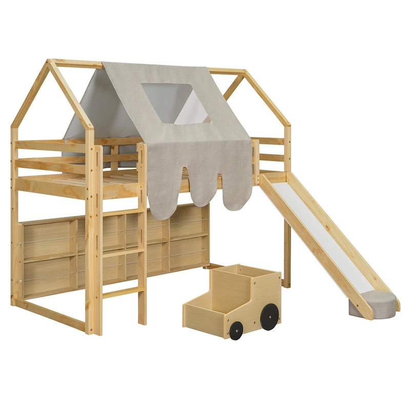 Twin Loft Bed with Play Tent and House Design, 250lb Capacity, Slide & Ladder