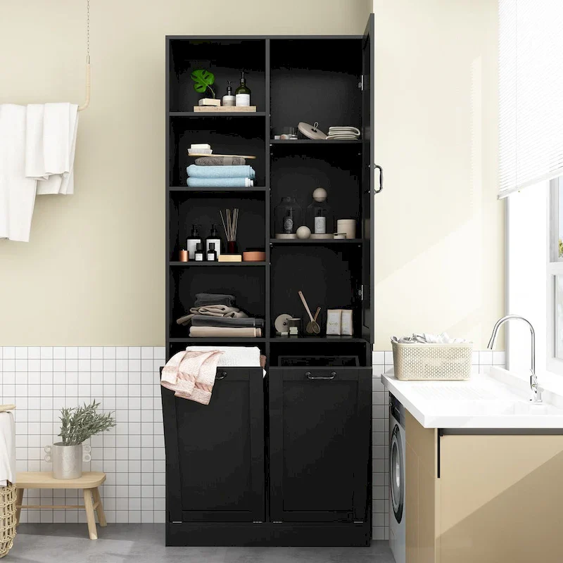 Sleek White Laundry Bathroom Cabinet with Unique Rotating Drawers