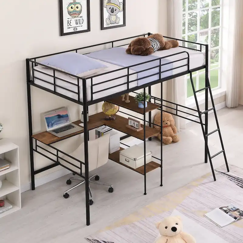 Black Twin Size Metal Loft Bed and Built-in Desk and Shelves for Kids, Boys and Girls