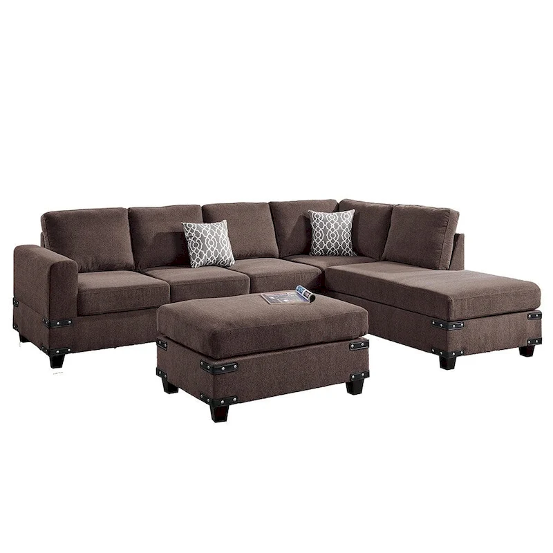 Poundex 3 Piece Fabric Sectional Sofa Set with Ottoman