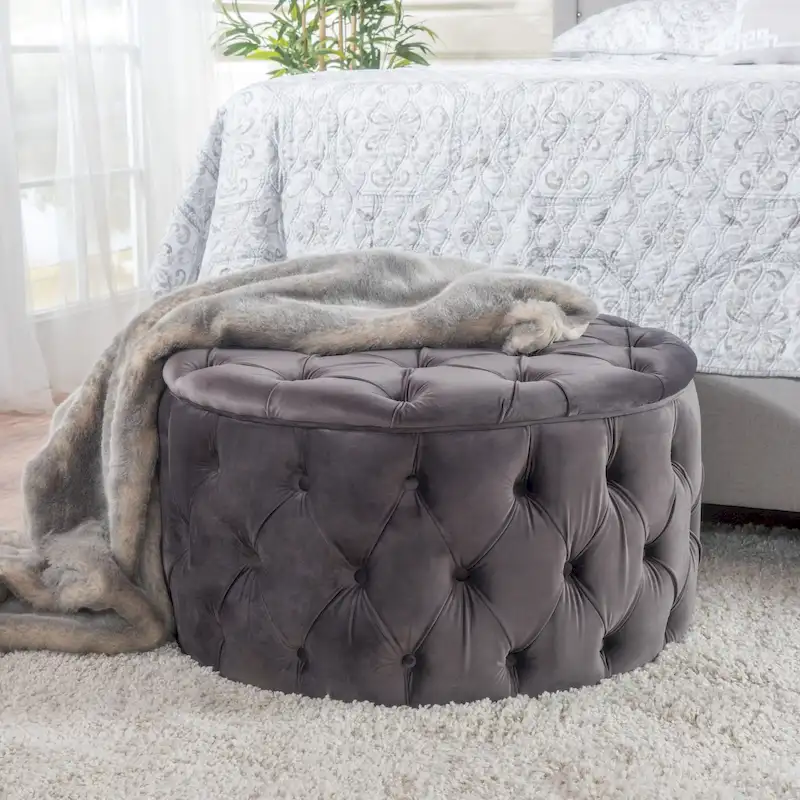 Zelfa Modern Glam Tufted Velvet Round Ottoman by Christopher Knight Home