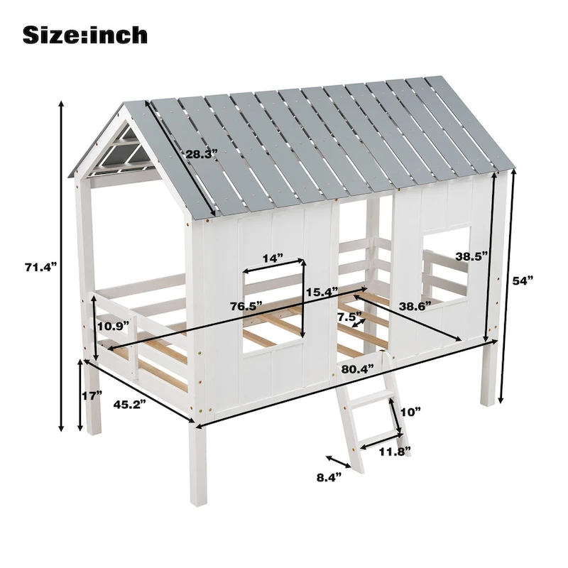 Twin Pine Low Loft House Bed with Roof, Windows, and Ladder