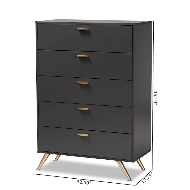 Kelson Modern Dark Grey and Gold Finished Wood 5-Drawer Chest