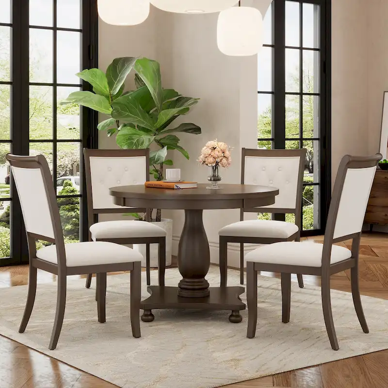 Retro Round Dining Table with 4 Upholstered Chairs