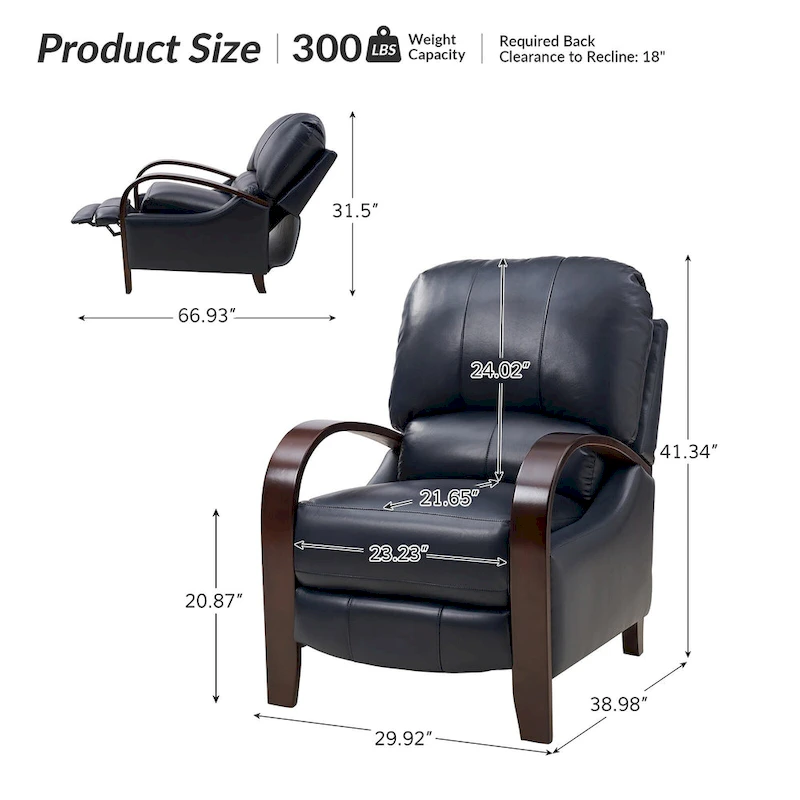 Alex Mid-century Modern Cigar Genuine Leather Manual Recliner with Wooden Curved Arms