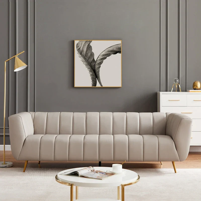 Mid-Century Modern Sofa - Light Grey Top Grain Leather, Tufted, Gold Metal Legs, High-Density Foam