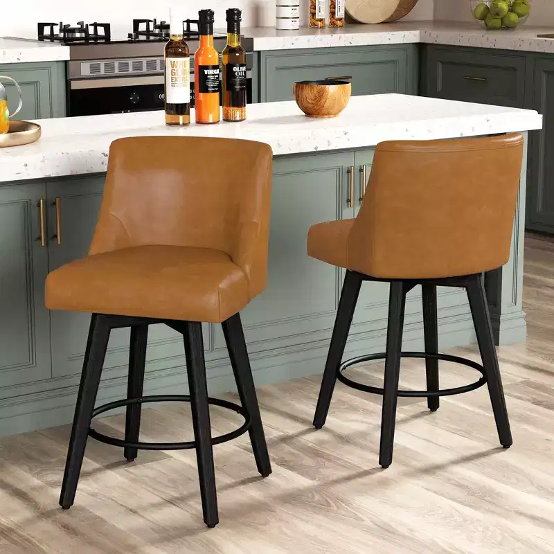 Dyonery 26 Height Counter Height Bar Stools Set of 2, Upholstered Swivel Fabric Kitchen Counter Stools with Back, Solid Wood Legs, Grey