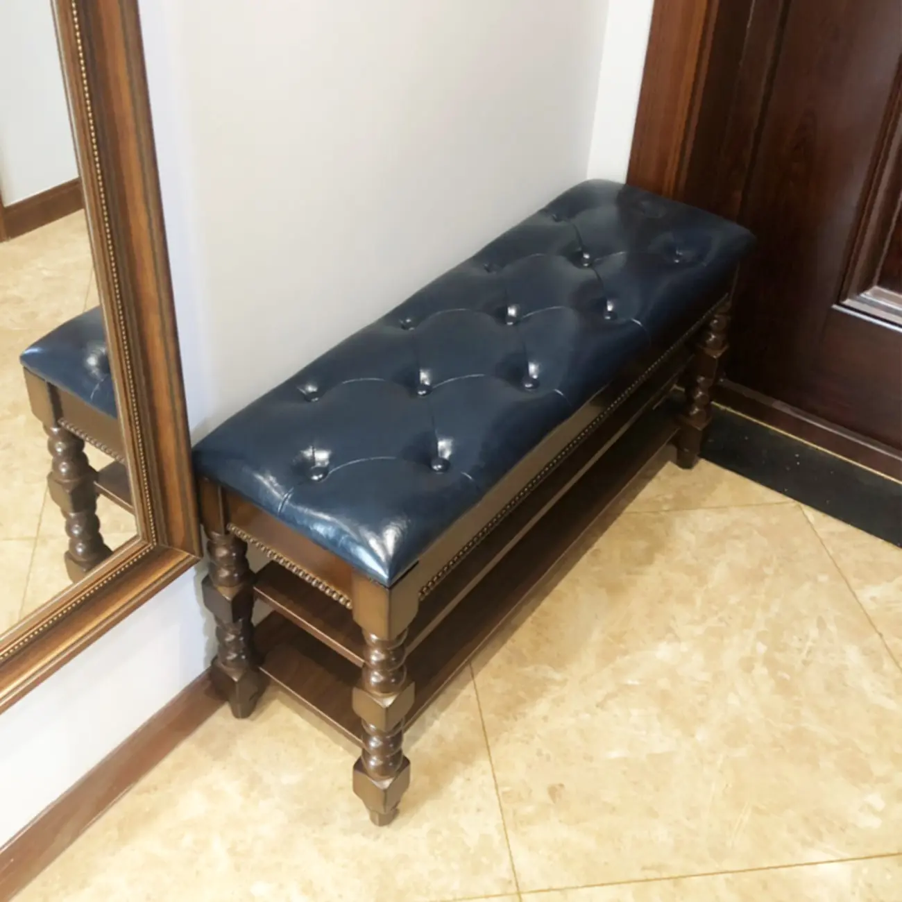 Antique Genuine Leather Flip-up Wood Bench with 2 Shelves