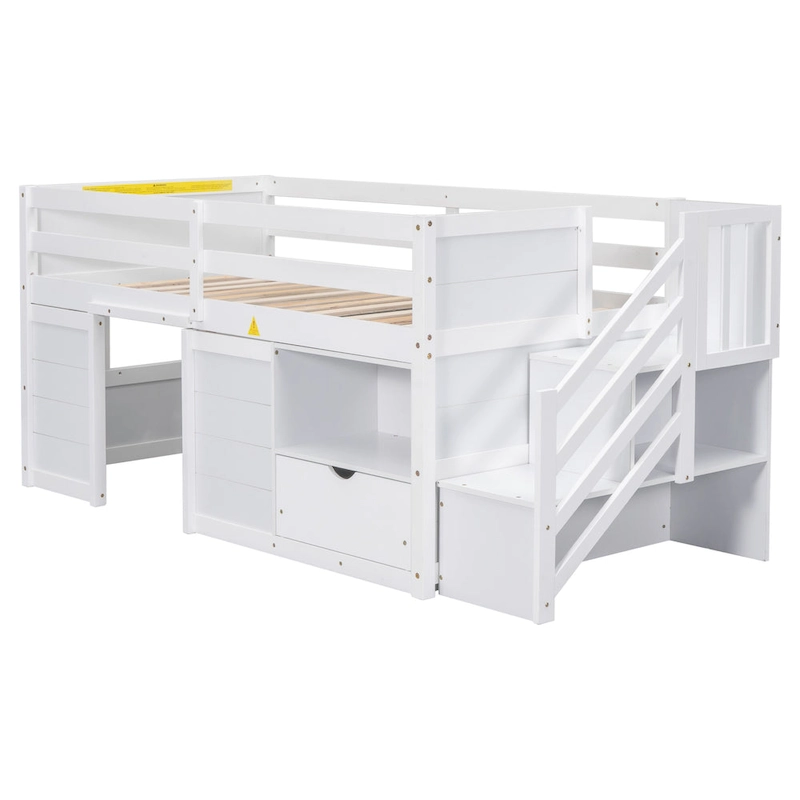 Twin Solid Wood Low Loft Bed with Stair & Drawer