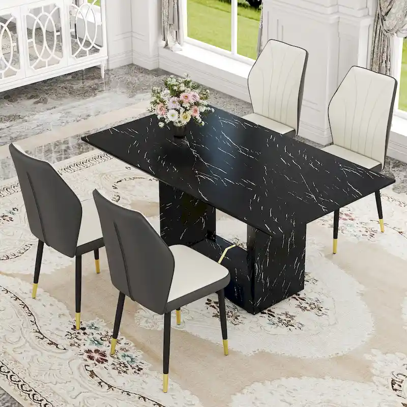Black Marble Pattern Dining Set - 5 Piece with 4 PU Chairs (63