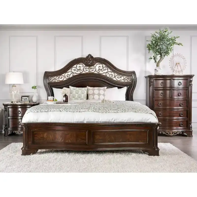 Traditional Brown Wood Carved Panel Bed