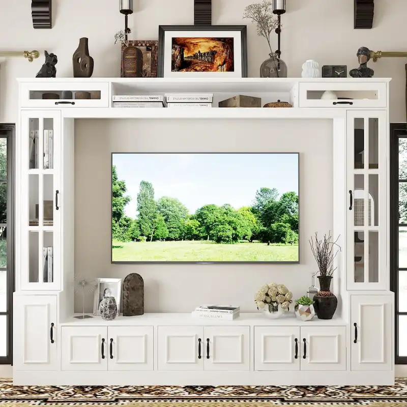 Modern White Entertainment Center Tempered Glass Doors Hydraulic Top