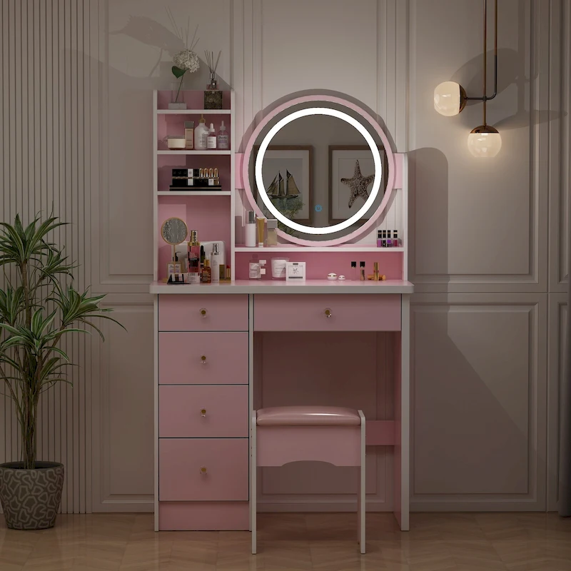31.5  Wide Makeup Vanity Set with Stool, Mirror,3 Color Light - 31.5 W