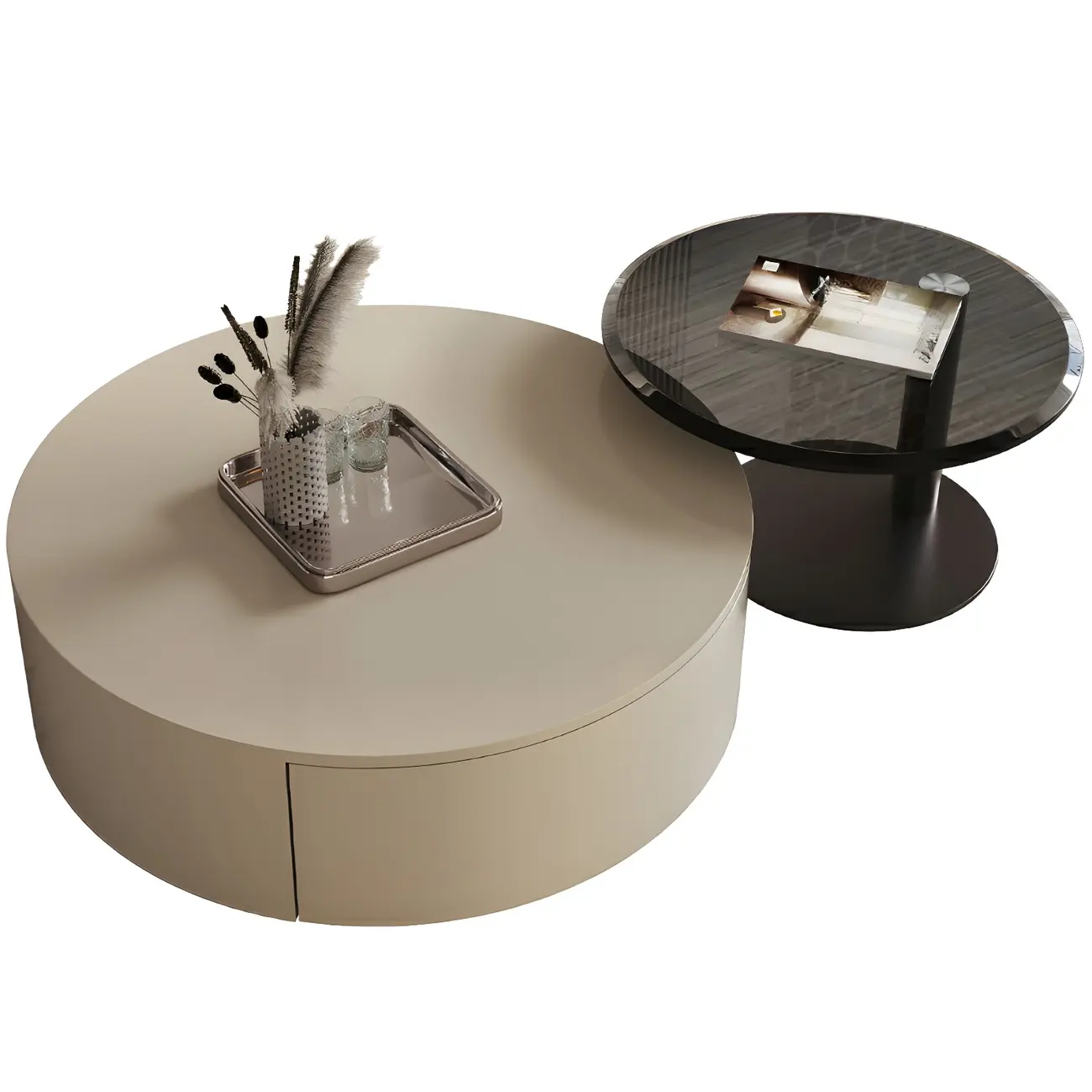 Modern Nesting Round Wood and Glass Coffee Table with Storage