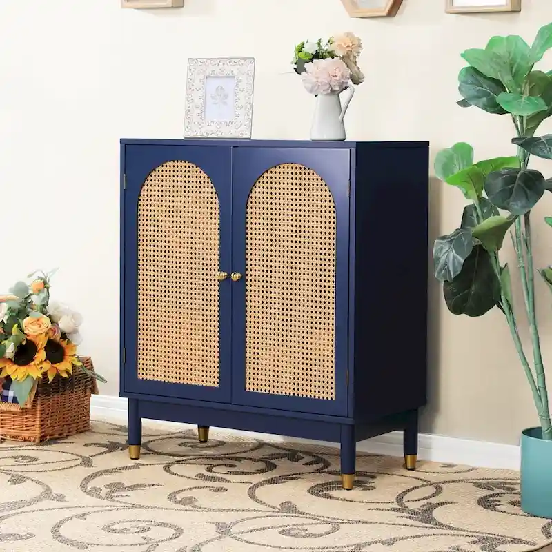 Blue Storage Cabinet with Rattan Doors and Adjustable Shelves