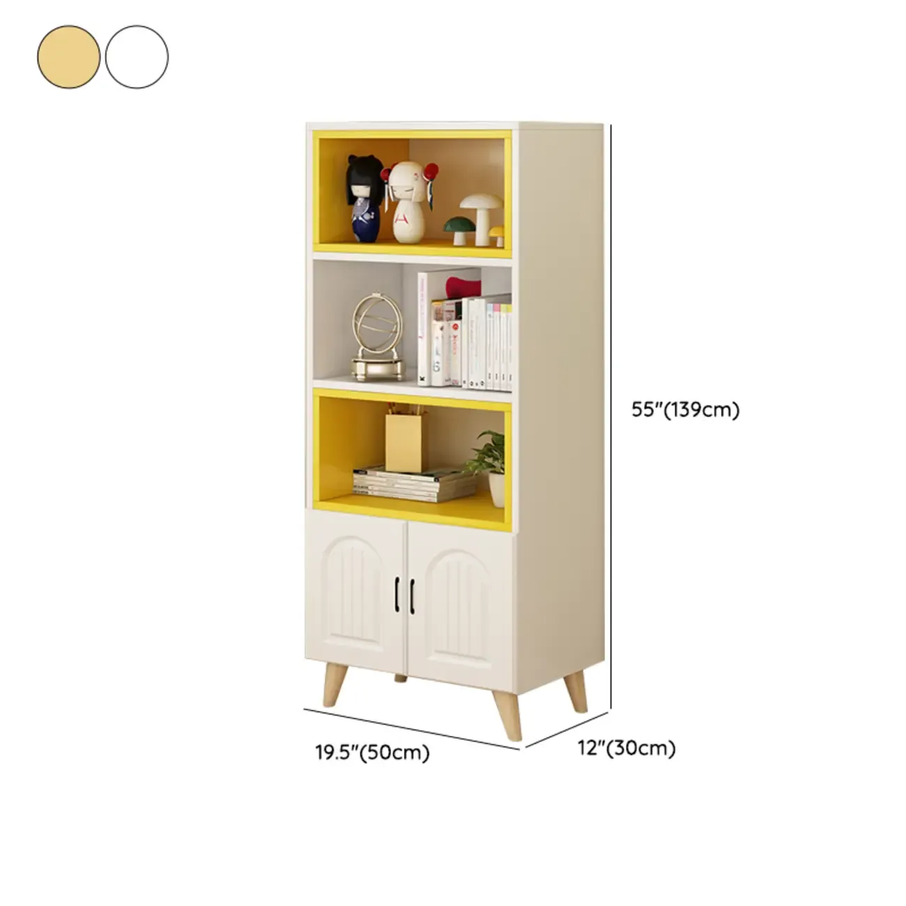 Wood 3-Tier White and Yellow Cube Bookcase with Cabinet
