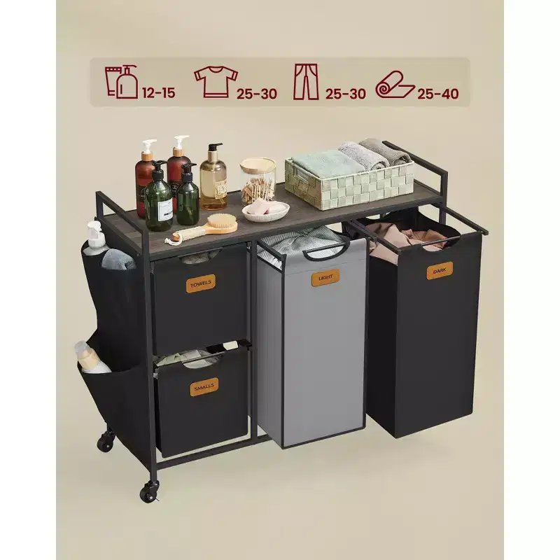 4-Compartment Rolling Laundry Sorter with Shelves, Ink Black & Dove Gray