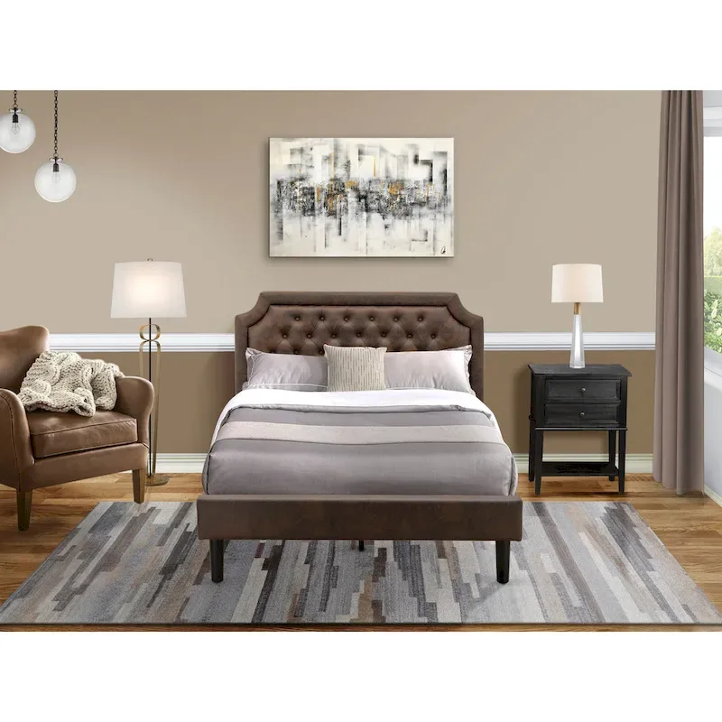 2-Piece King Bedroom set with Bed and Wire Brushed Black End Table - Dark Brown Pu leather and Black Legs (Bed Size Option)