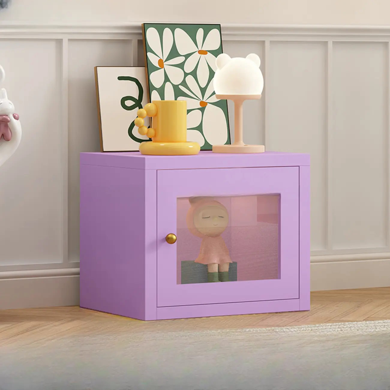 Small White Rectangular Storage Cabinet with Glass Door