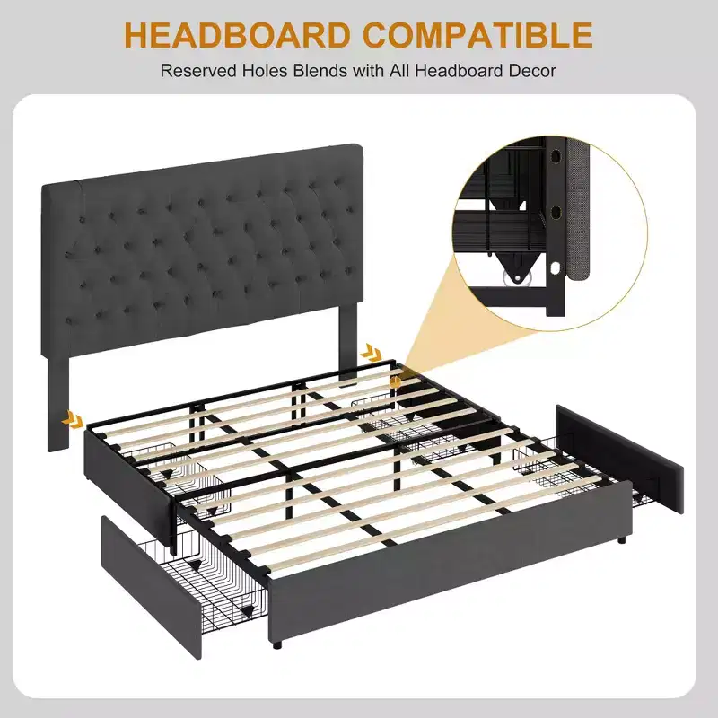 Bed Frame with 4 DrawersFabric Upholstered, Easy Assembly