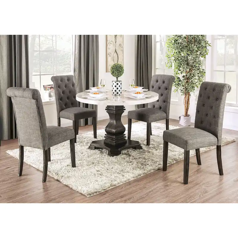Brec Farmhouse Marble Top 5-Piece Round Dining Table Set with Tufted Chairs by
