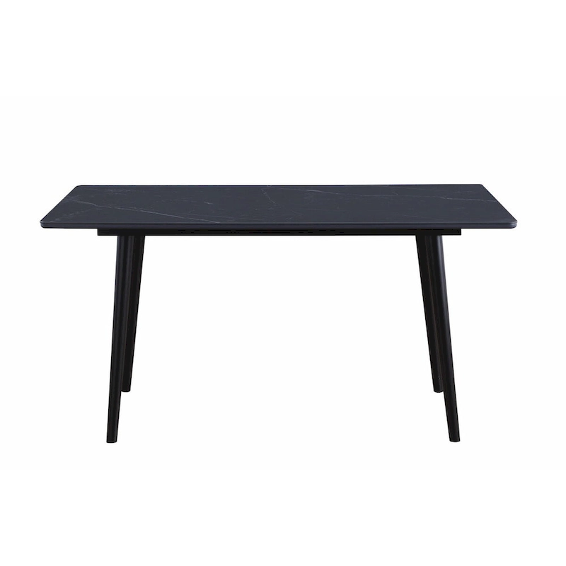 Aikya 60 Inch Dining Table, Black Sintered Stone, Tapered Metal Legs