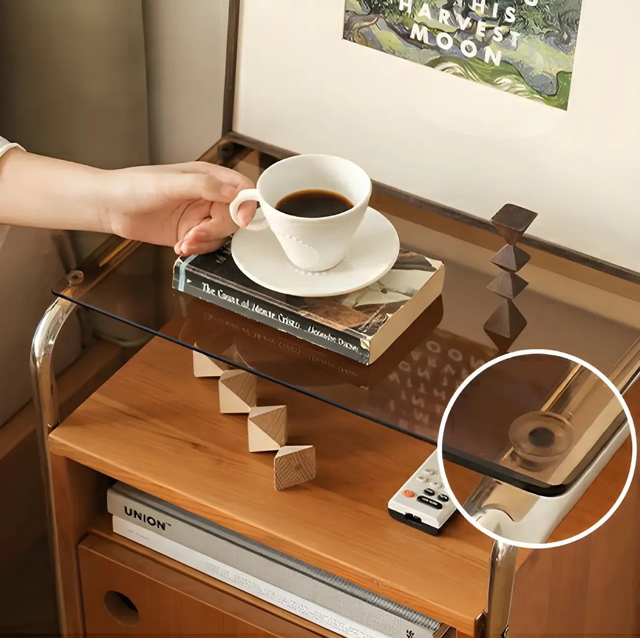 Natural Finish Narrow Glass-Top Light Wood Nightstand