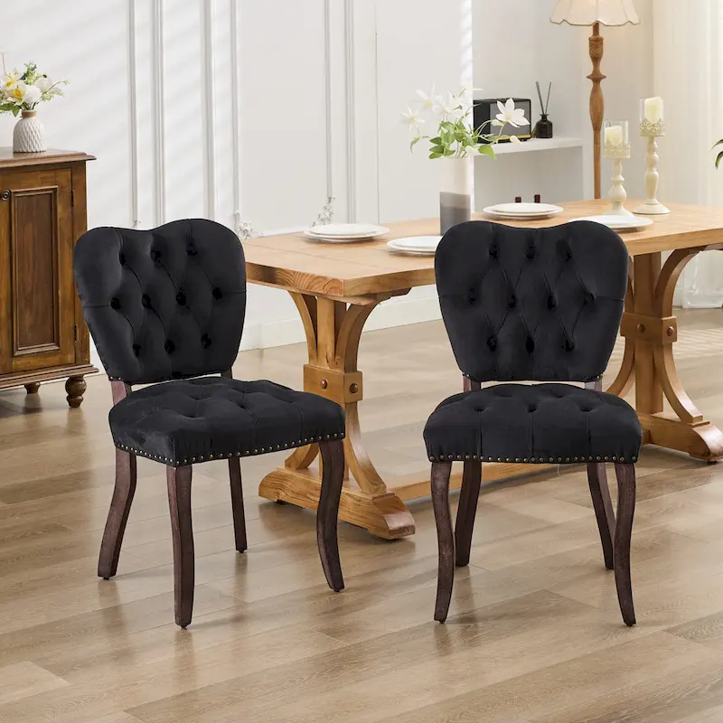 Velvet Tufted Dining Chairs Set of 2 with Wooden Legs