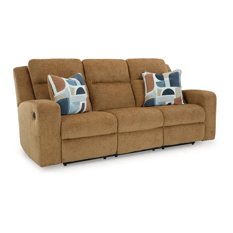 Damon Manual Reclining Sofa, Camel Brown Polyester, 2 Pillows, 86 Inch