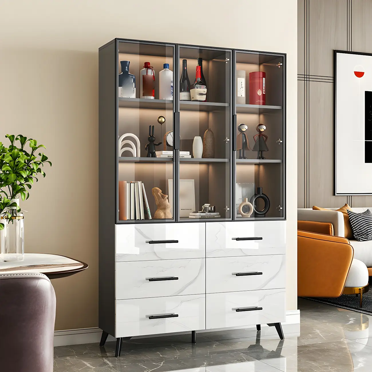 Modern Gold White Marble-Textured Wood Glass Versatile Cabinet