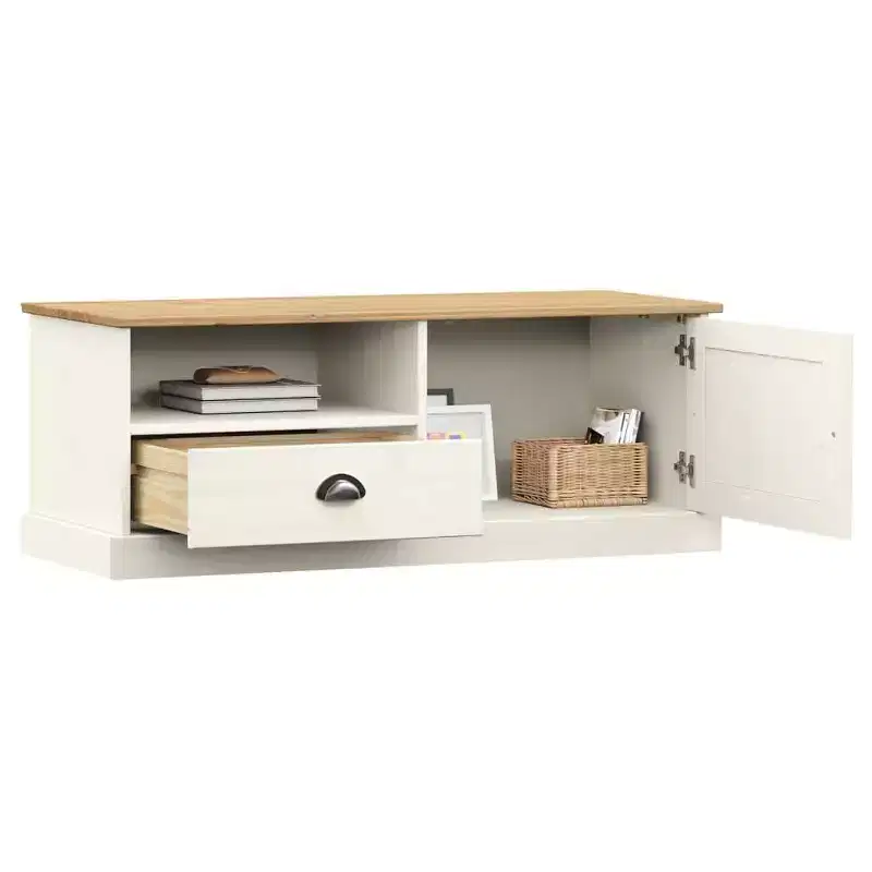 vidaXL VIGO White Solid Wood Pine TV Stand Entertainment Center - 41.7x15.7x15.7 with Drawer, Open Shelf & Cabinet, Easy Clean