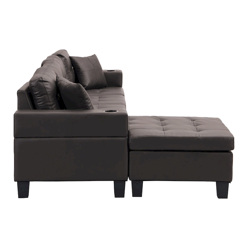 Brown 96.06 Modern L-Shaped 4 Seater Sectional Sofa with Chaise Lounge, Cup Holders, and Throw Pillows