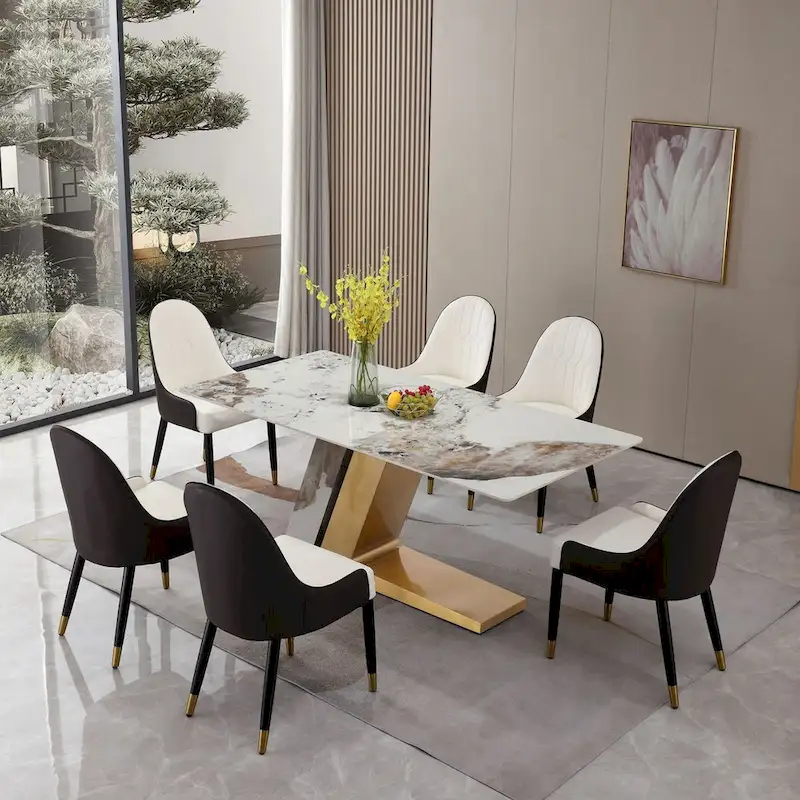 71in Contemporary Gold Marble Dining Table Set with 6 pcs Chairs