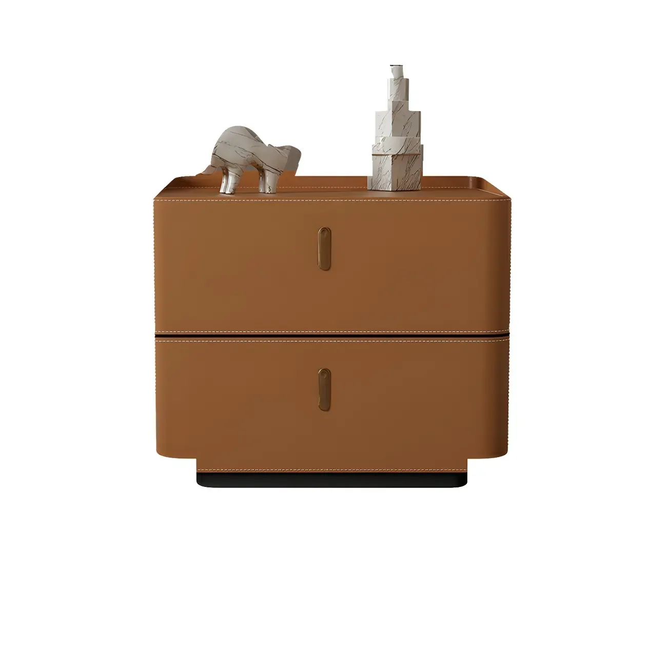 Modern Black Faux Leather Top Wood 2-Drawer Nightstand