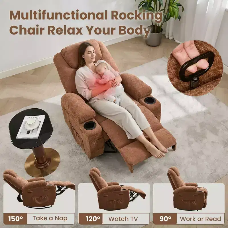 360° Swivel Rocker Recliner Chair, Single Seat, Massage & Heat