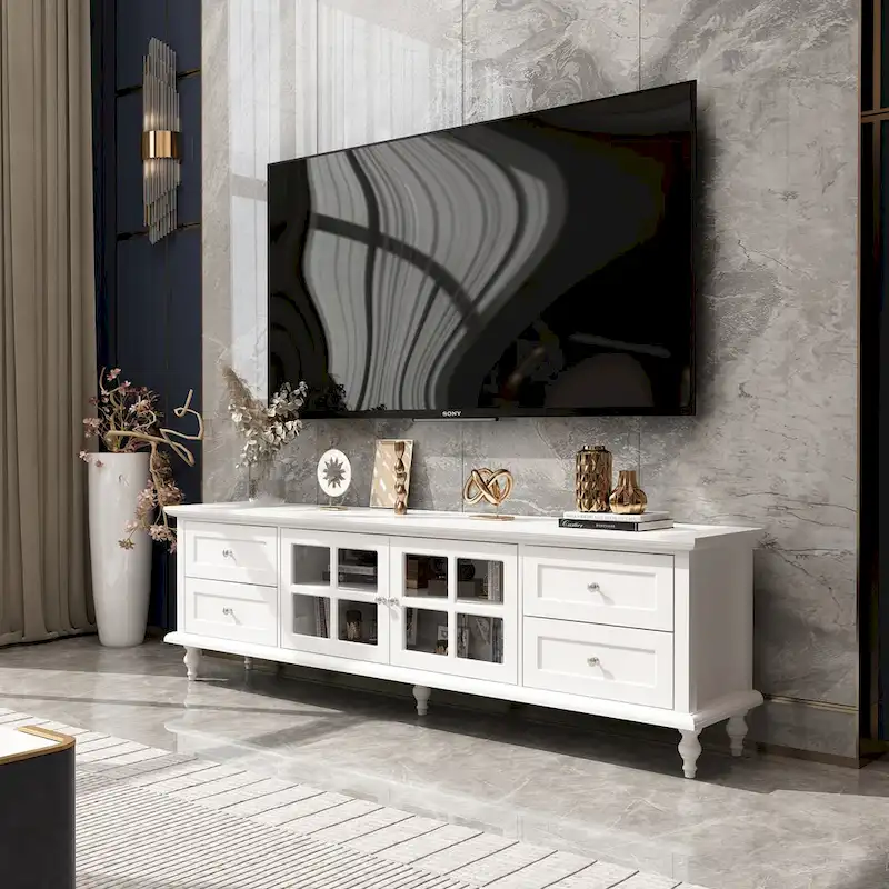Modern White TV Stand w/Glass Doors and Drawers Entertainment Console - 70.9