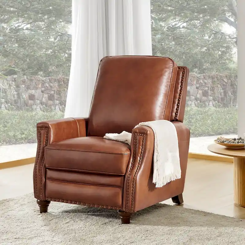 Cigar Mid-century Modern Genuine Leather Recliner with Nailhead Trim by HULALA HOME