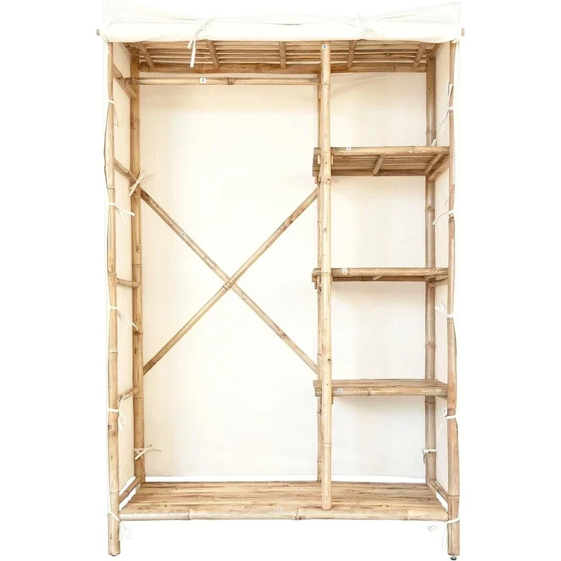 Bamboo Wardrobe Closet Organizer with Shelves and Fabric Cover