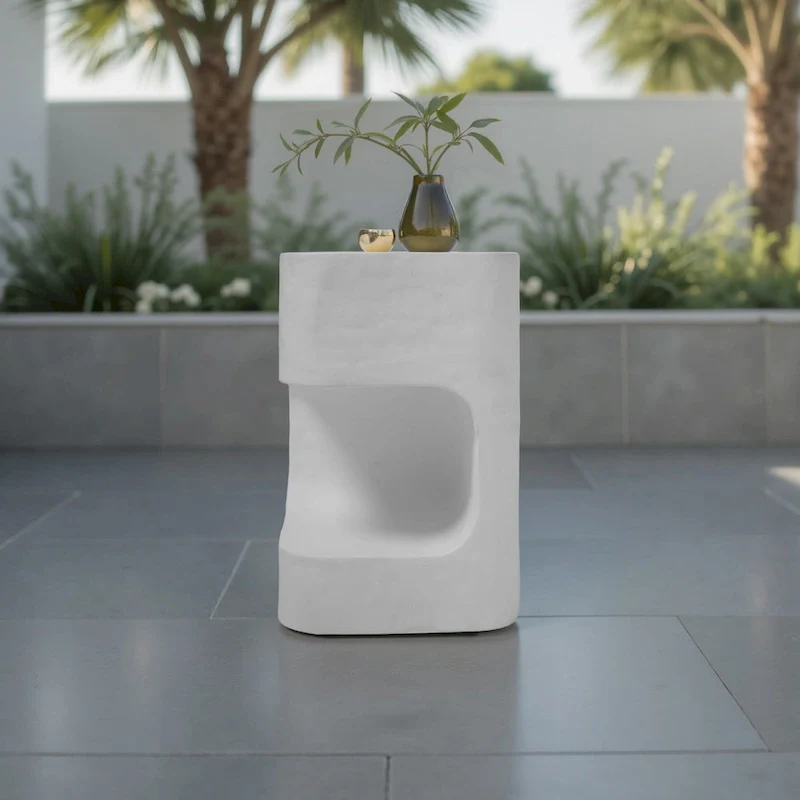 Grover Outdoor Faux Stone Asymmetrical Side Table