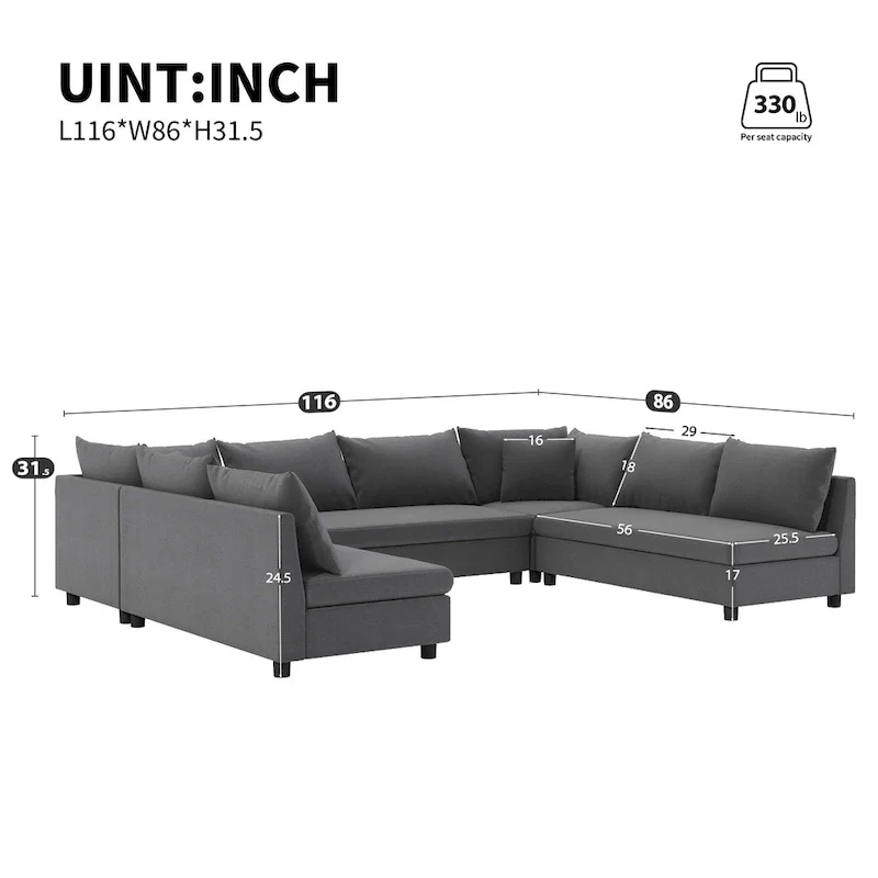 116 Chenille U-Shaped Modular Sectional Sofa, 8-Seater