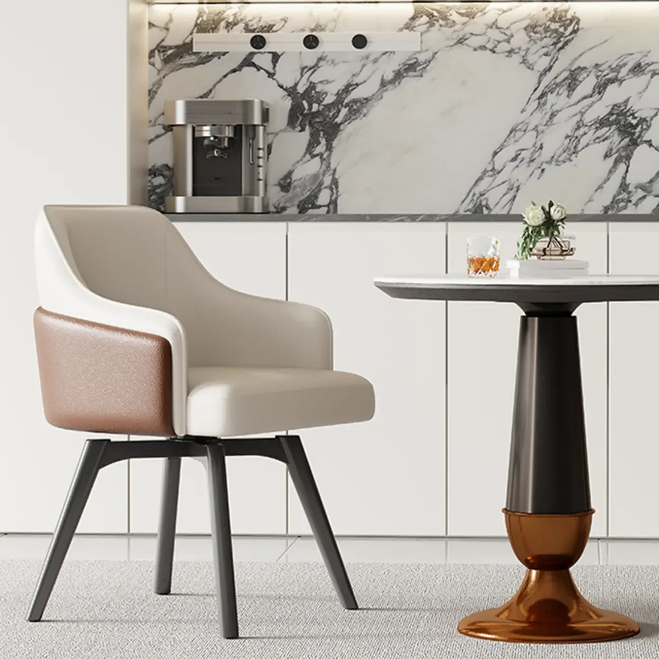 Modern Faux Leather Swivel Arm Dining Chair with Solid Back