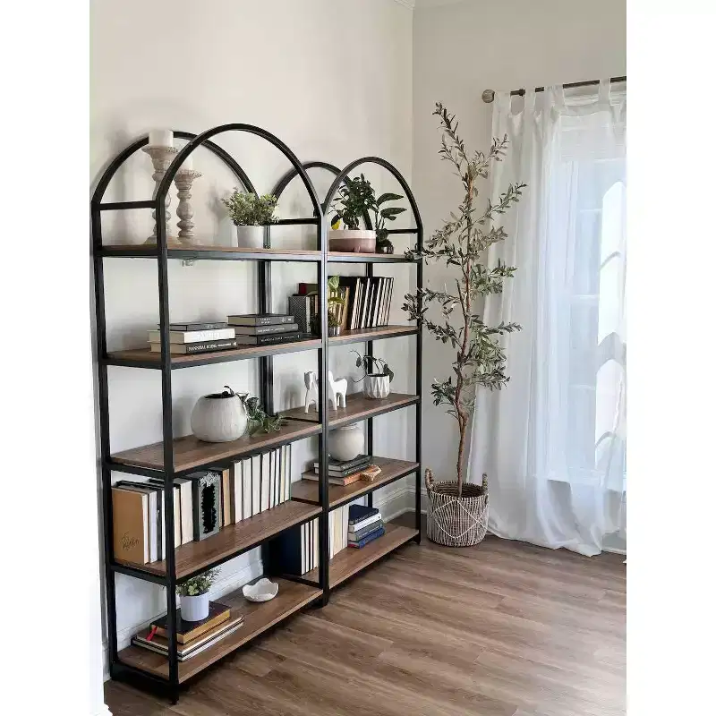 72" Haven Wood and Metal 5 Shelf Arch Bookshelf Reclaimed Oak/Matte Black - Nathan James
