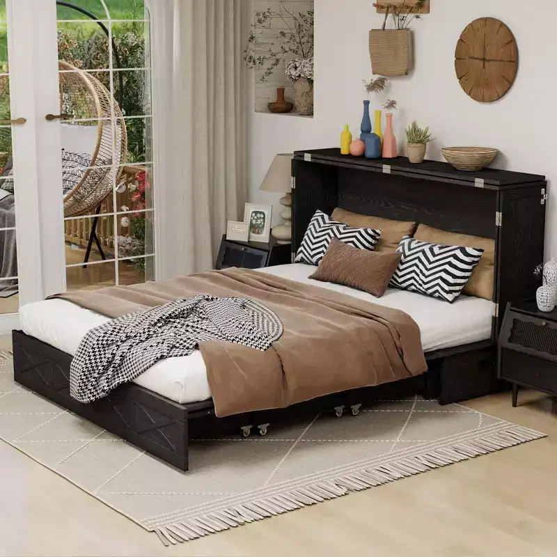 Keloyid Haimyy Solid Wood Frame Queen Murphy Bed Chest with Built-in Charger and Strong Drawer