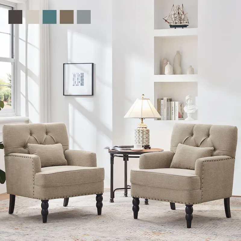 Set of 2 Arm Chair Upholstered Button Tufted Accent Chair with Lumbar Pillow Beige/ Grey/ Light Blue