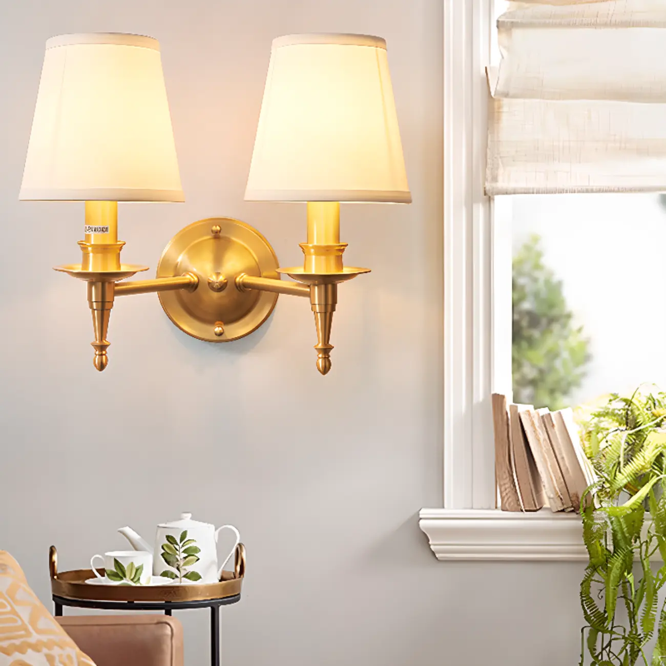 Traditional White Fabric Shade Golden Wall Sconce