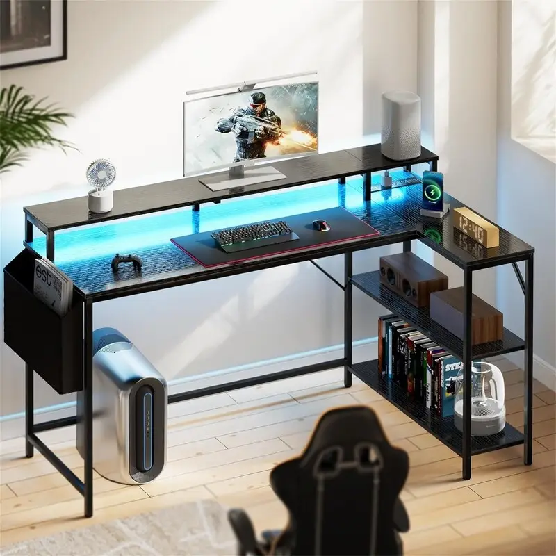 L Shaped Gaming Desk with LED Lights