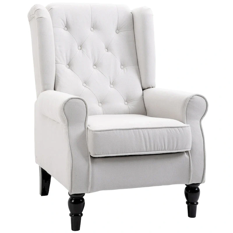 High Wingback Button-Tufted Accent Chair, White, Eucalyptus Legs, Seats 1